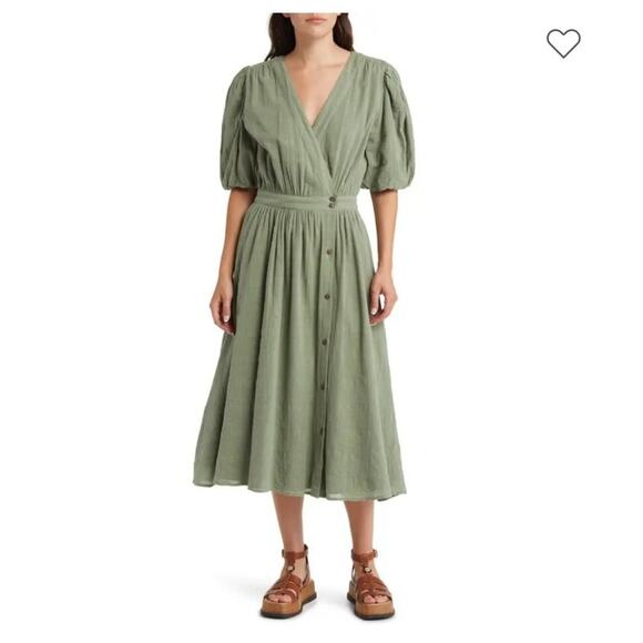 Treasure & Bond Puff Sleeve Cotton Wrap Dress Green Dune Size S NWOT Modest - Picture 1 of 10